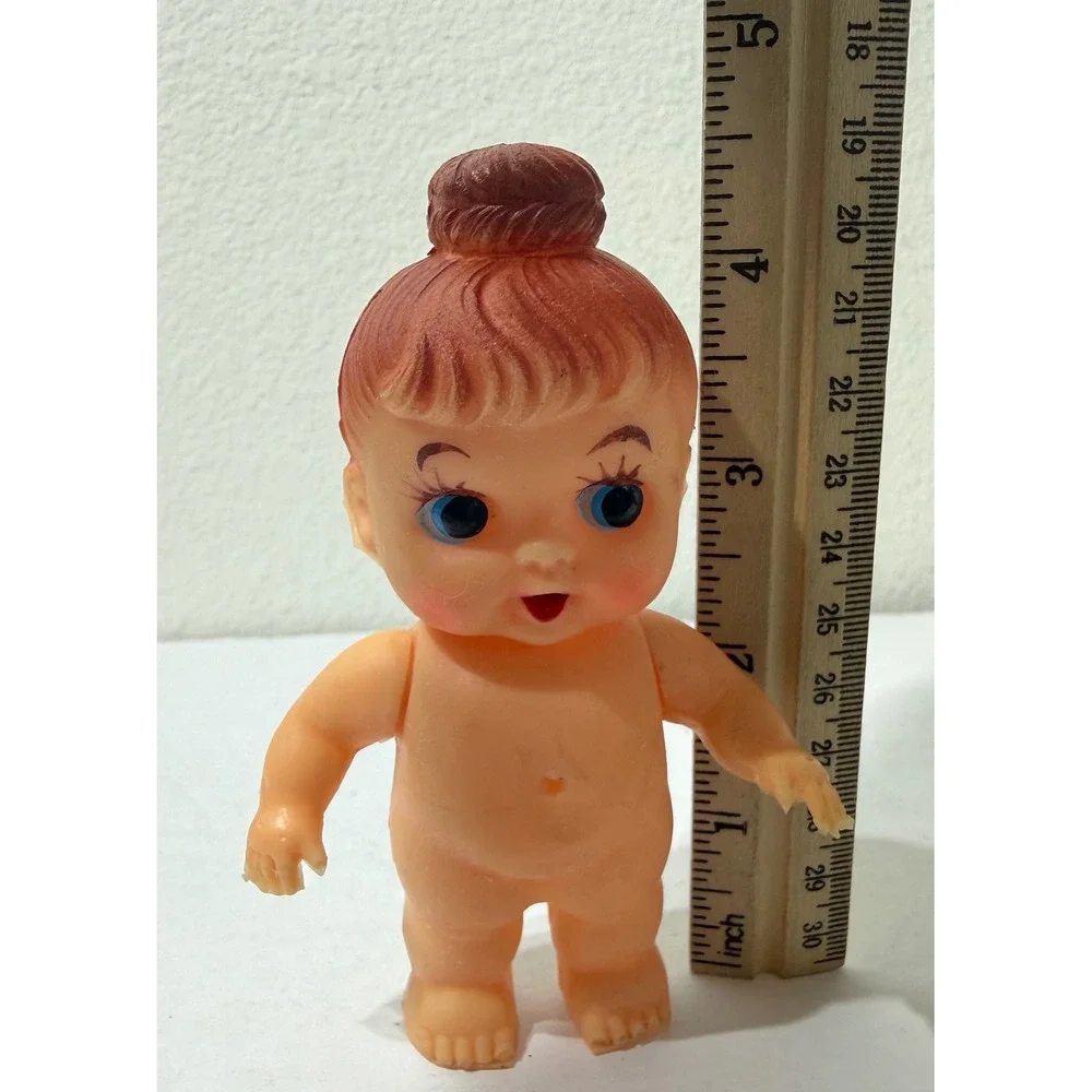 Vintage Japan Rubber Baby Doll Squeeze Toy Top Knot Bun Blue Eyes Kitsch 4.75in